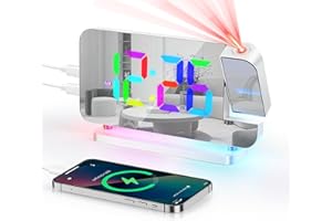 Euakee Reloj Despertador Digital con Proyección, Reloj con Espejo LED de 7,4″, Luz Nocturna de 10 Colores, Proyector Giratorio 180º, Cargador USB-C, para Dormitorio Infantil Niñas Niños (Blanco)