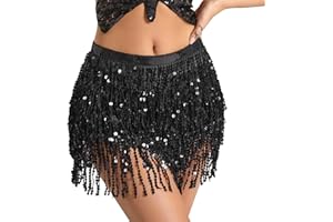 GOPAW pour Danse du Ventre Et SoiréE Rave,Jupe De Hanche De Danse,Paillettes Gland Jupe,Rave Frange Hanche éCharpe,Costume Danse Mini Wrap Jupes pour Femmes Et Filles (Noir)