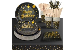 PYAILI Vaisselle Anniversaire Or Noir, 24 invités Vaisselle de fête Assiette en Papier Gobelet en Papier Pour les Fêtes, Mariages, Fêtes de Remise des Diplômes, Assiettes de Fête