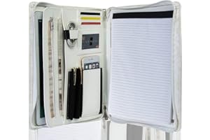 Calfinder A4 Conference Folder, PU Leather Document Folder, Zipper Writing Case A4, Briefcase with A4 Clipboard, Business Portfolio Organizer, White