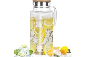 Ezvsevuo Jarra Agua Cristal 1,8 Litros Transparente Jarra de Vidrio con Tapa de Madera,Resistente al Calor Botella Cristal Jarra Nevera para Agua Helada y Agua Caliente,Café,Jugo de Fruta,Té