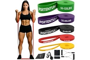 PORTENTUM Elastici fitness – Set da Bande elastiche 4 o 5 livelli intensità – Maniglie, ancoraggio porta, protezioni e borsa – Elastico palestra in casa uomini e donne – Forza Crossfit Yoga Pilates