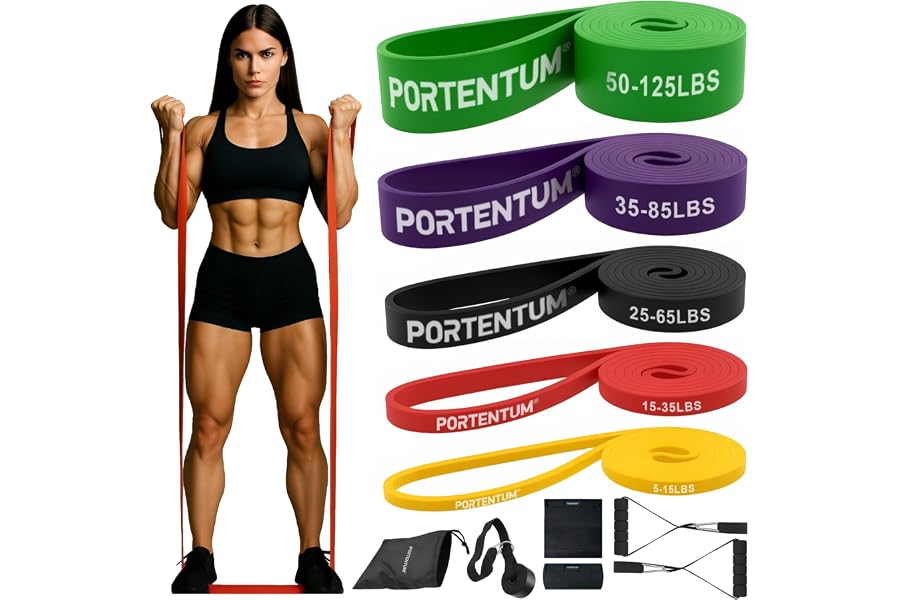 PORTENTUM Gomas elasticas musculacion – Set de Bandas de resistencia 4 o 5 niveles intensidad – Asas, anclaje puerta, fundas 