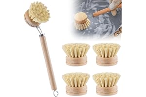 VEGOATY Brosse à vaisselle en bois avec tête interchangeable, ensemble de brosse à vaisselle en bois, brosse de cuisine avec fibre naturelle, brosse de lavage avec 3 têtes de rechange, brosse pour casserole