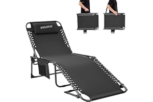 #WEJOY Sun Lounger 5-Position Adjustable Heavy Duty 22mm Steel Frame Support 264lbs Folding Chaise Lounge Chair with Pillow and Side Pocket Portable Sun Bed for Camping Beach Garden Patio Pool Indoor