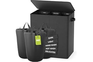 BATHOLA Laundry Basket with Lid,160L Washing Baskets for Laundry with Removable Bags & Labels, laundry basket 3 compartments for Separating, Large Laundry Hamper for Laundry Room, Bedroom, Grey