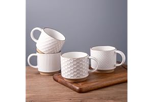 GBHOME Set of 4 Stackable Ceramic Coffee Mugs 350ml - Textured Modern Cups for Tea/Latte/Cappuccino, Dishwasher & Microwave Safe, Gift for Men/Women