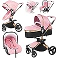 Magic ZC PU Leather 3 in 1 Pushchair Pram Travel System, Baby Stroller 3 in 1 with 360° Rotatable Seat, Newborn Infant Carriage One-Click Folding, Toddler Buggy Aluminum Frame (906 Pink)