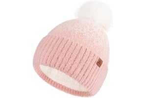 Bequemer Laden Bonnet d'hiver Femme - Bonnet Beanie Chaud Tricoté Doublé de Polaire avec Pompon, Cadeau Femme de Noël
