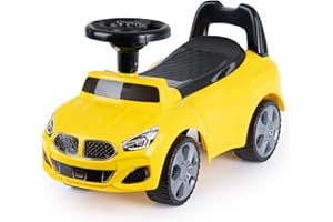 Hillington Kids Ride On Sliding Sports Car - Push Along Foot to Foot Buggy For Toddlers - Under Seat Storage & Musical Steering Wheel - Licensed For 18-36 Months Old (Yellow)