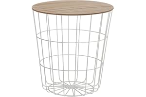 ‎SPETEBO Spetebo Gitterkorb Beistelltisch aus Metall 39 cm - Weiß - Korbtisch mit Holz Optik Tischplatte in braun - Deko Tisch klein mit Aufbewahrungskorb Couchtisch Kaffeetisch Dekotisch mit Staufach