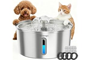 Invengo Fontaine a Eau Chat, Fontaine à Eau pour Chat INOX 3,2L avec Bec en Forme de Fleur - Idéale pour Chats et Petits Chiens, Inclut 4 Filtres et Fenêtre de Niveau d'eau
