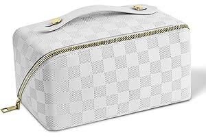 Aucuu Podróżna kosmetyczka, ze skóry PU, przenośna, podróżna torba na kosmetyki o dużej pojemności, wodoszczelna, przenośna kosmetyczka, organizer na przybory toaletowe, #17 biała szachownica, L