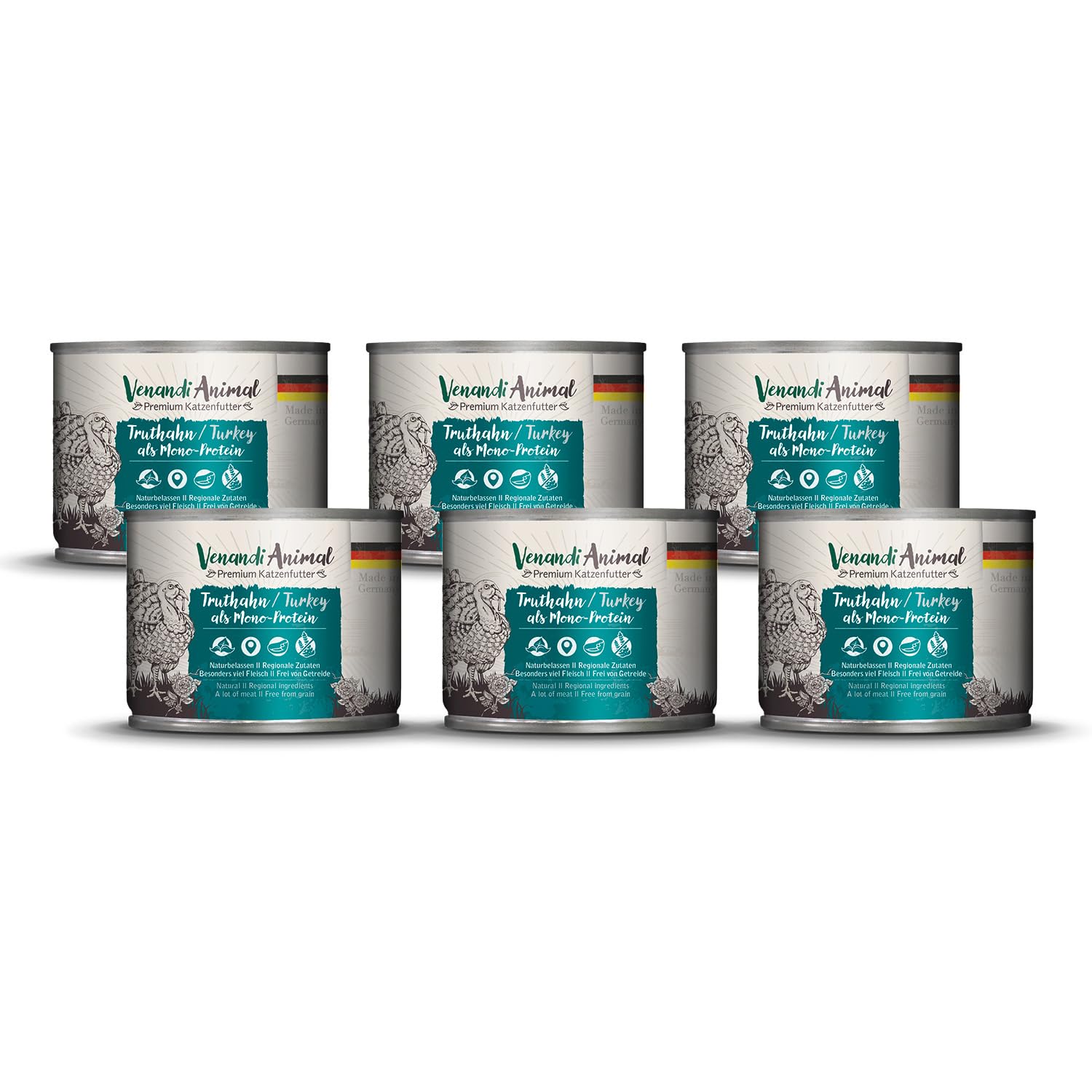 VenandiAnimal Comida de Calidad para Gatos - Pavo como monoproteína, Comida húmeda, sin Cereales y Natural, Paquete de 6 (6 x 200 g)