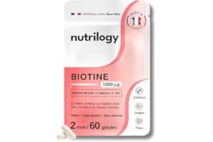 Biotine | 2 mois - 60 gélules | Pousse des Cheveux & Ongles et Beauté de la Peau | Avec Vitamines B8 et B9, Sélénium & Zinc | Complément Alimentaire Vegan, Sans Gluten & Fabriqué en France | NUTRILOGY