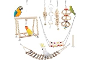 TAECOOOL 8Pcs Wood Parrot Toys,Parrot Bird Chewing Natural Wood Hanging Bell Bird Cage Swing Toys Suitable for Cockatiel, Finches,Small Parakeets, Budgie And Other Small Birds