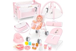 deAO set med 20 st babydockor, dockvagn, gåva för flickor från 3 år | Dockvagn, säng, lekbåge, babygunga, väska, 30 cm docka och tillbehör, babydockor lekset för realistiskt rollspel