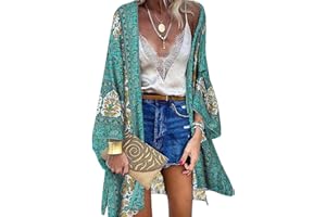 VANCAVOO Kimono Plage Femme Été Cardigan de Plage Paréo Boho Bikini Cover Up Manches Longues Long Shawl Imprimé Floral Cache-Maillots et Sarongs Beachwear