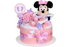 WINDELTORTEZURGEBURT.DE MomsStory - Windeltorte Mädchen | Minnie Mouse Disney | Baby-Geschenk zur Geburt Taufe Babyshower | 1 Stöckig (Rosa) mit Plüschtier Lätzchen Schnuller & mehr