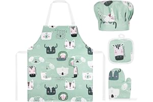 ABOHU Delantal para Niños+Gorro De Cocinero,Ajustable Niñito Delantales con bolsillos,Delantal Infantil Cocina para Pintura Artesanía,Cocinar,Hornear,Jardín,Cocina