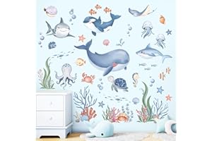 wondever Pegatinas de Pared Bajo el Mar Peces Adhesivos Decorativos Oceano Ballena Tiburón Tortuga Algas Vinilos Pared para Baño Habitación Infantiles Niños Bebés Guardería