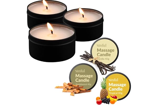 Sinful Coffret de Bougies de Massage Intimes – 3 x 40 g – Vanille, Tropical & Bois de Santal – Bougies Parfumées qui se Transforment en Huile de Massage – Pour Couples & Soirées Romantiques