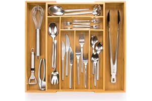 budu Organizador de Cubiertos #45 (profundidad 45 cm) de Bambú, Bandeja para Cubiertos Extensible, Cubertero Ajustable para Cajón
