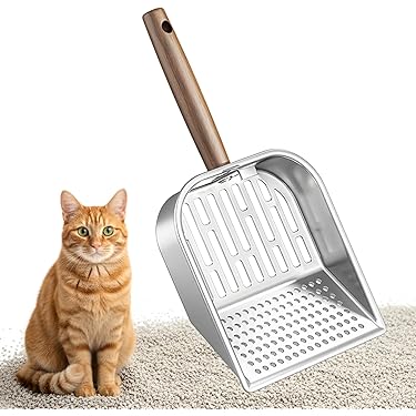 PHMING Edelstahl Katzenstreu Schaufel - 6-Maschen Netz Mit Holzgriff Für Katzenklo