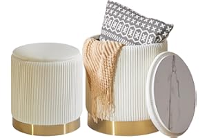 IBUYKE Set of 2 Round Ottoman with Storage, Boucle Stool Velvet Ottoman Storage Box, Storage Pouffe Side Table Coffee Table, Multipurpose Footrest Stool for Living Room & Bedroom, White WBD016W