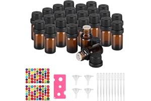 CPROSP 25pcs 5ml Bouteille en Verre Ambré, Bouteilles D'huile Essentielle, Flacon en Verre avec Compte-Gouttes en Plastique, TréMies à Entonnoir et Autocollant pour L'Aromathérapie, les Parfums