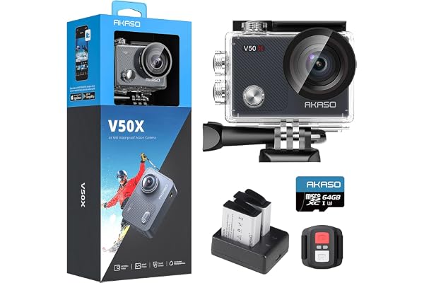 AKASO V50 X Caméra de Sport avec Carte Mémoire microSDXC U3 64 Go, Action Camera Sport 4K 30FPS Ultra Full HD Stabilisateur avec Télécommande Écran Tactile Angle Réglable Kit d'Accessoires