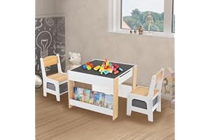 Asweets Tavolino Legno Bambini con 2 Sedie, Set di Tavolo Multiattivita Bambini con Lavagna e Vano Portaoggetti e Scaffalature, Tavolo Interattivo da Disegno, Costruzioni, Studio per Bimbi 3-6 Enni