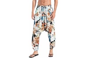 AITFINEISM Hombre Pantalones Holgados Bloomers de Playa Pantalones de harén Unisex Aladdin con Estampado Retro Pantalones de Hombre