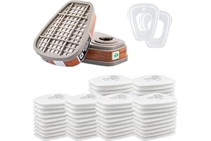 SQLJYU 6001 Filtri per Respiratore in Carbone Attivo Abito, Con 60 Filtri in Cotone, 2 Filtri e 2 Tappi, Organic Vapor 6001 Cartucce Filtro Chimico - Protezione del Viso da Polveri e Verniciature