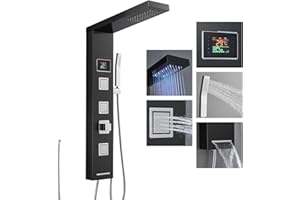 ROVOGO Panneau Colonne de Douche Hydromassante Led sans Robinetterie, 5 Fonctions: LED Douche Pluie, Jet de Massage, Douchette, Bec Bain déverseur et Affichage de La température, Acier Inox 304, Noir