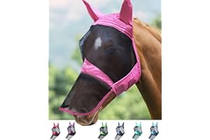 Harrison Howard CareMaster Pro Luminous Máscara de Mosca de Caballo Nariz Larga con Orejas Protección UV para Caballo-Rosa Claro (L)