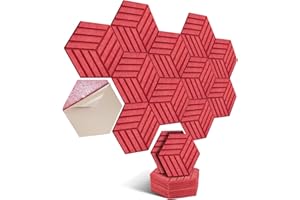 PAAUZOENG Hexagon, pannelli acustici autoadesivi, 12 pezzi, assorbitori acustici, ad alta densità, per pareti, soffitti, legno e porte, pannelli acustici, 30 x 26 x 0,9 cm, strisce rosse