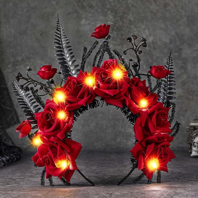 Leuchtendes Halloween-Haarband – Gothic-Blumenkranz Mit LED, Schwarz-rot, Für Frauen, Tag Der Toten Party