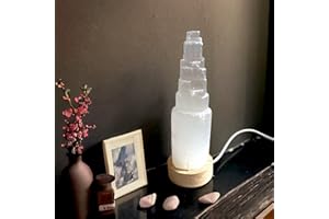 4All Selenite Crystal White Light LED USB Lamp Handmade Mountain Tower Lamp Spiritual Energy and Healing Meditation Home Decoration Gifts Table Lamp Mineral Wooden Base (15cm)
