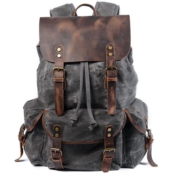 Luanzo waxed Canvas Rugzak met Leer Madison Zwart - Luanzo tassen