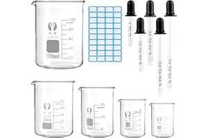 AILUYA 5 vasos medidores pequeños de 100 ml, 50 ml, 25 ml, 10 ml, 5 ml, vaso de precipitado con escala de medición, cristal de borosilicato, mini vaso medidor con gotero graduado y etiqueta adhesiva para