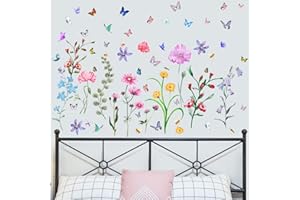 BUER HOMIE BuerHomie Adesivi Murali Piante Fiori Colorati e Farfallei, Decorazione murale per Soggiorno, Camera da letto