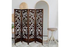 TOPFURNISHING 4 Panel Heavy Duty Carved Indian Stag Deer Screen Wooden Screen Room Divider (Brown)