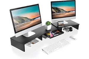FITUEYES Supporto Monitor Supporto per Monitor in Legno con Cassetto, Lunghezza e Angoli Regolabili per 2 Monitor 92.5-108 x 23.5 x 10.2cm (Nero) DT108201WB