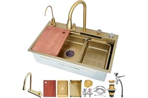 HZKSINNK Fregadero de Cocina de 1 Cubeta 80x45 cm, Dorado cascada Fregadero de Acero Inoxidable, con Grifo Cocina Extraible, cesta de drenaje, sifón, rebosadero y desagüe así como otros accesorios