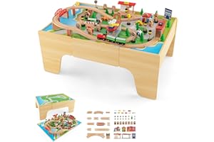 RELAX4LIFE Tavolo Attività in Legno per Bambini con Binari e Treno, da 84/80 Pezzi, Piano Reversibile e Rimovibile, Cassetto per Ragazzi e Ragazze (Naturale,84 pezzi)