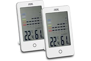ADE Hygromètre numérique | Alarme visuelle de moisissure | Thermomètre avec affichage de la température | Humidité avec historique de 12 heures | Grand écran LCD | Batterie incluse | Blanc | Lot de 2