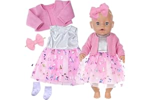Xerteam Rosa Puppenkleider, Puppenkleidung 43cm 36cm 38cm, Puppenkleid mit Tüll und Schmetterling Strickjacke Socke mit Schleife Stirnband, Süße Puppenkleidung für Mädchengeburtstag