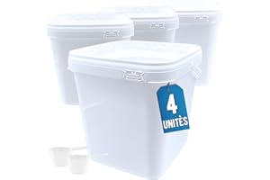 Üka • 4 Seaux en Polypropylène Blanc 5,4 L - 20x20x20,5 cm. Stockage en Plastique Dur avec Couvercle. Récipients Alimentaires Hermétiques. Seaux Vides avec Poignée. Empilables et sans BPA.