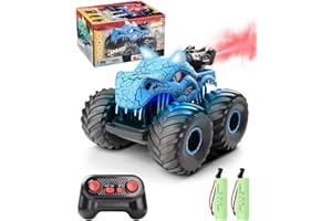 Onalix Coche Teledirigido Dinosaurio, RC Monster Truck con Luz LED, Spray y Sonido, Coche Radiocontrol 2.4GHz para Niños 3-12 Años, Juguete Regalo Niños Navidad Cumpleaños